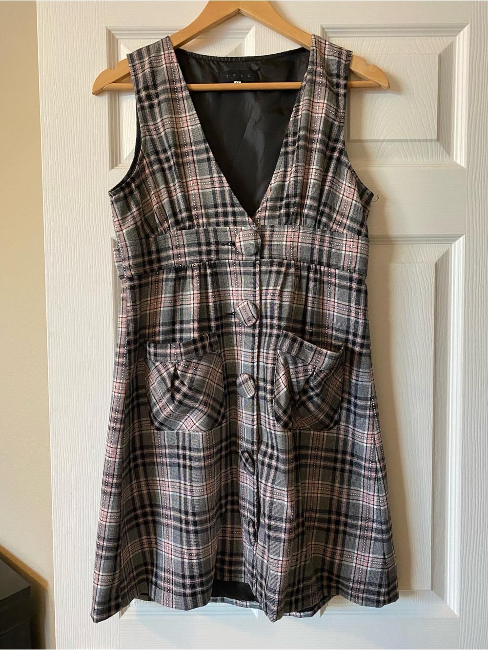 TCEC Plaid Dress Womens Med Red pink Gray Sleeveless Preppy Holiday